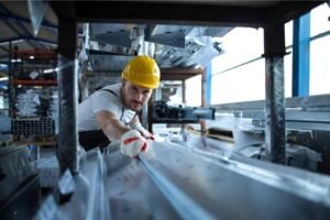 Worker wearing a safety helmet handling a steel structure in an industrial workshop with Autodesk Advance Steel applications