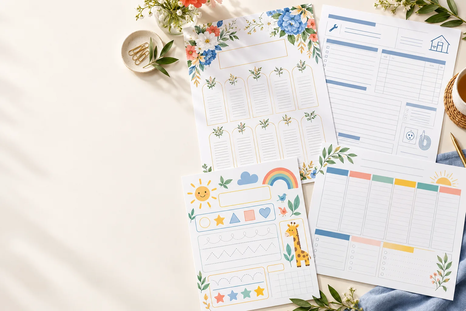 Idées de PDF colorés sur une table lumineuse : plan de table, fiche de chantier, exercice et planner familial.