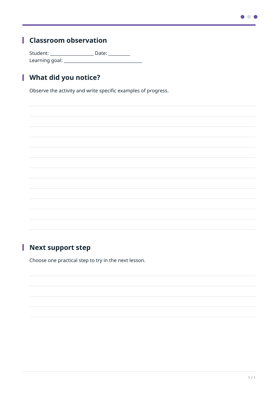 Technical prototype of an A4 classroom observation sheet, with lined space for notes.
