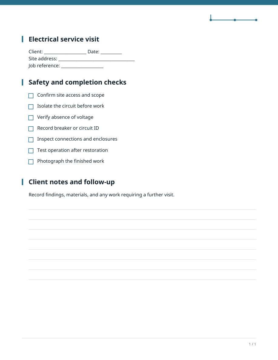 Technical prototype of a US Letter electrical service visit form, with a safety checklist and note lines.